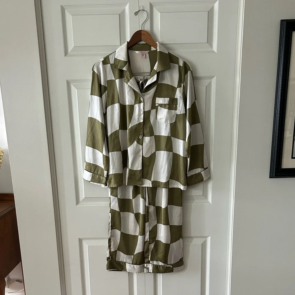 Yini Lulu Green and White Checkerboard Pajama Set Sz S - Picture 2 of 8
